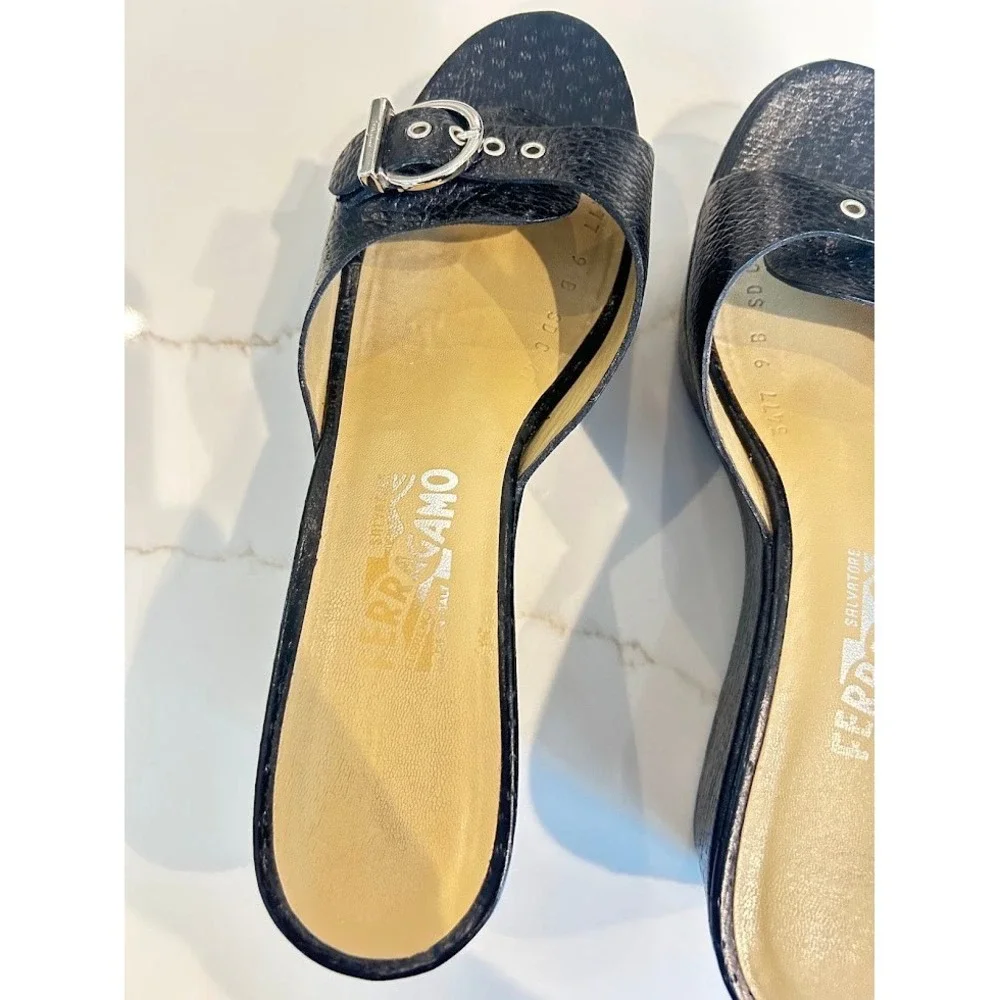 Salvatore Ferragamo Agostina Black Pebble Calf Leather Wedge Sandals 9B Italy